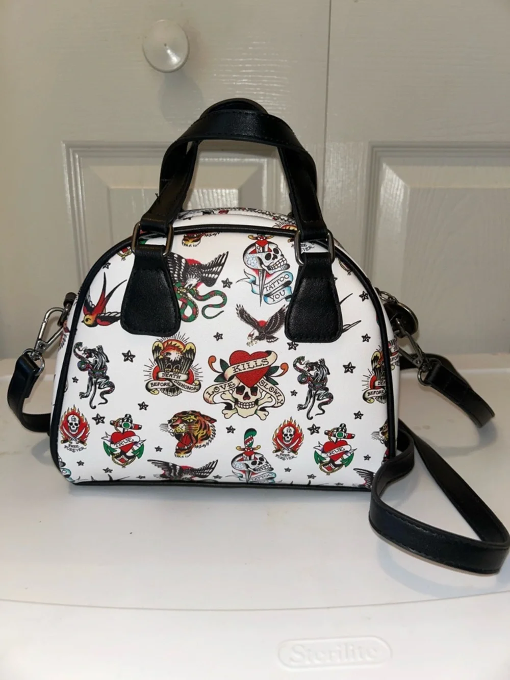 NWT White Tattoo-Print Dome Satchel with Black Trim - Picture 5 of 9